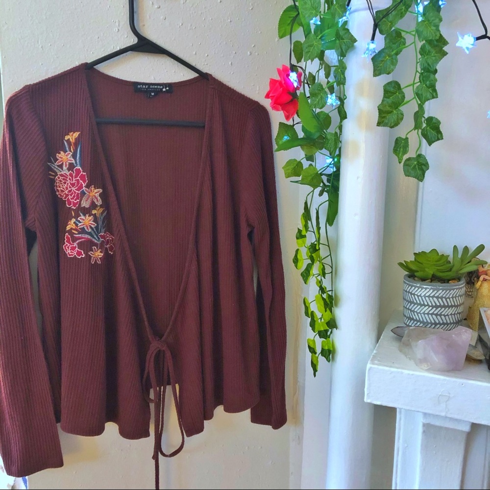 Floral Embroidered Ribbed Cardigan